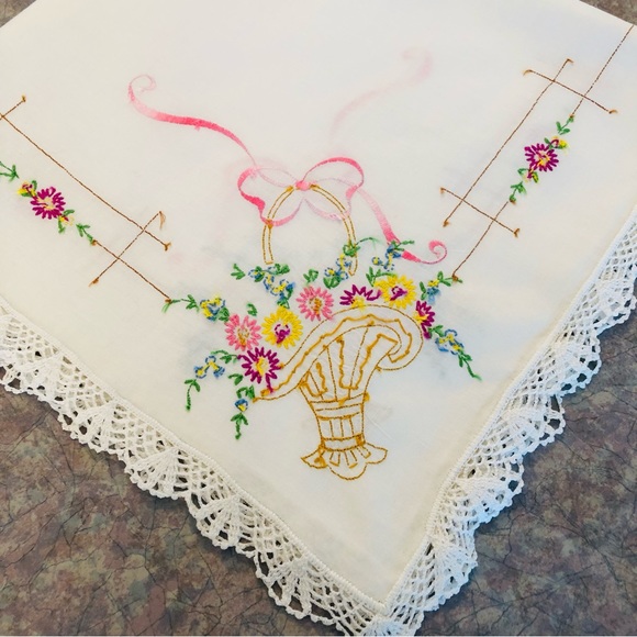 Embroidered Floral Baskets Table Cloth - 36 x 37.25 inches - Boho Home Decor - Picture 6 of 14